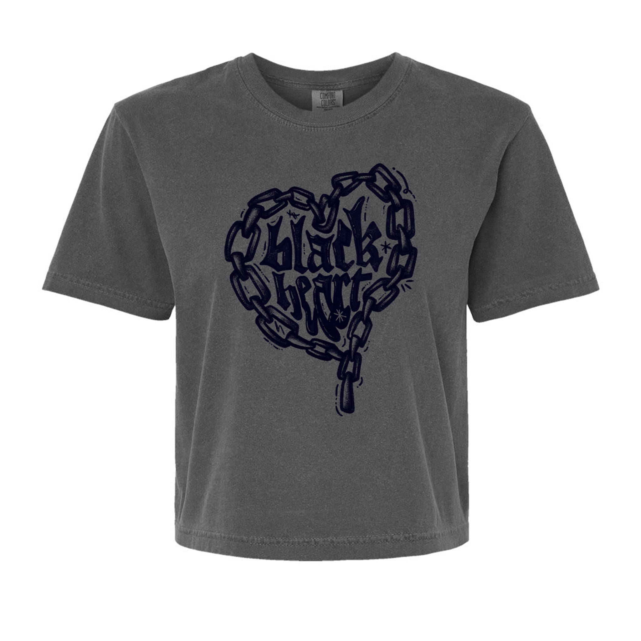 Gray t-shirt with a heart-shaped chain design and 'Black Heart' text on a white background