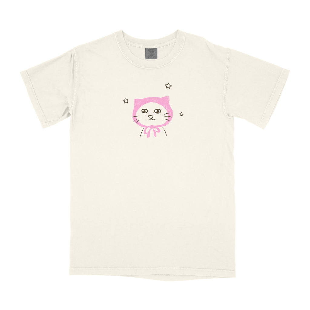 White t-shirt with a pink cat graphic on a white background