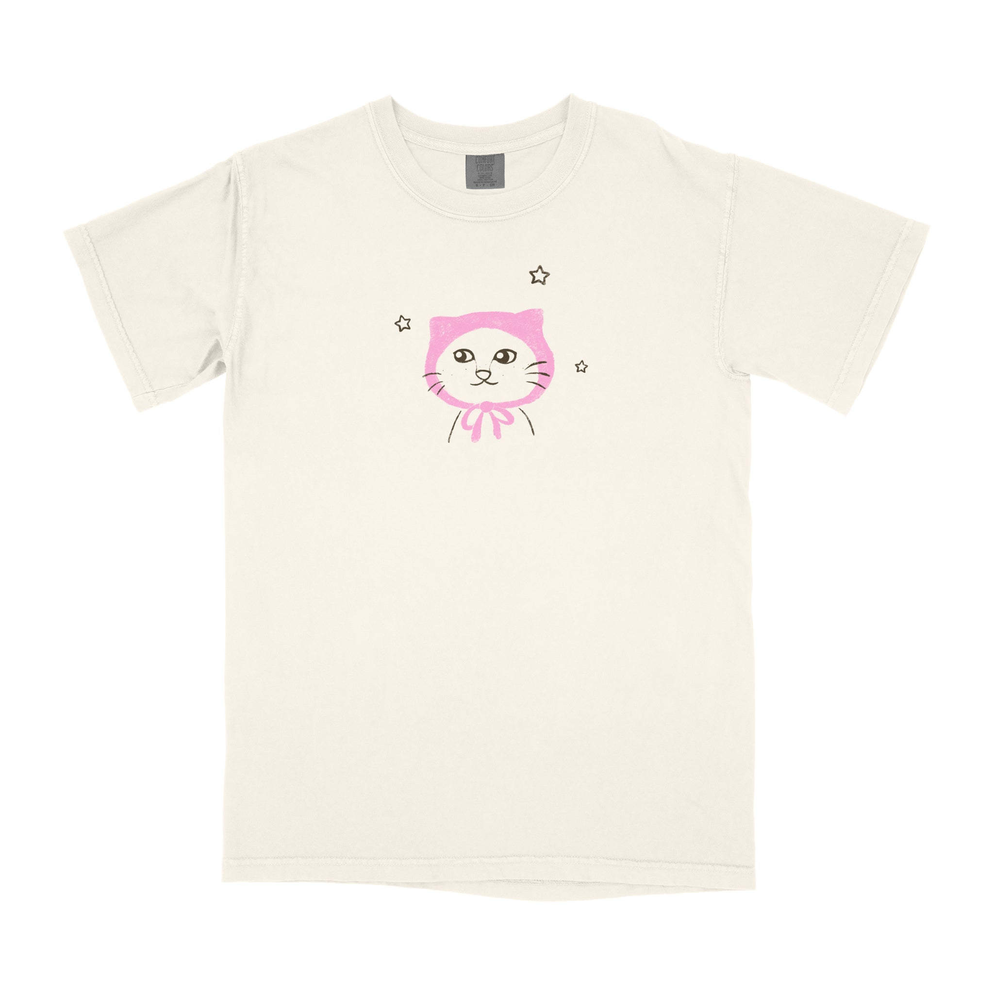 White t-shirt with a pink cat graphic on a white background