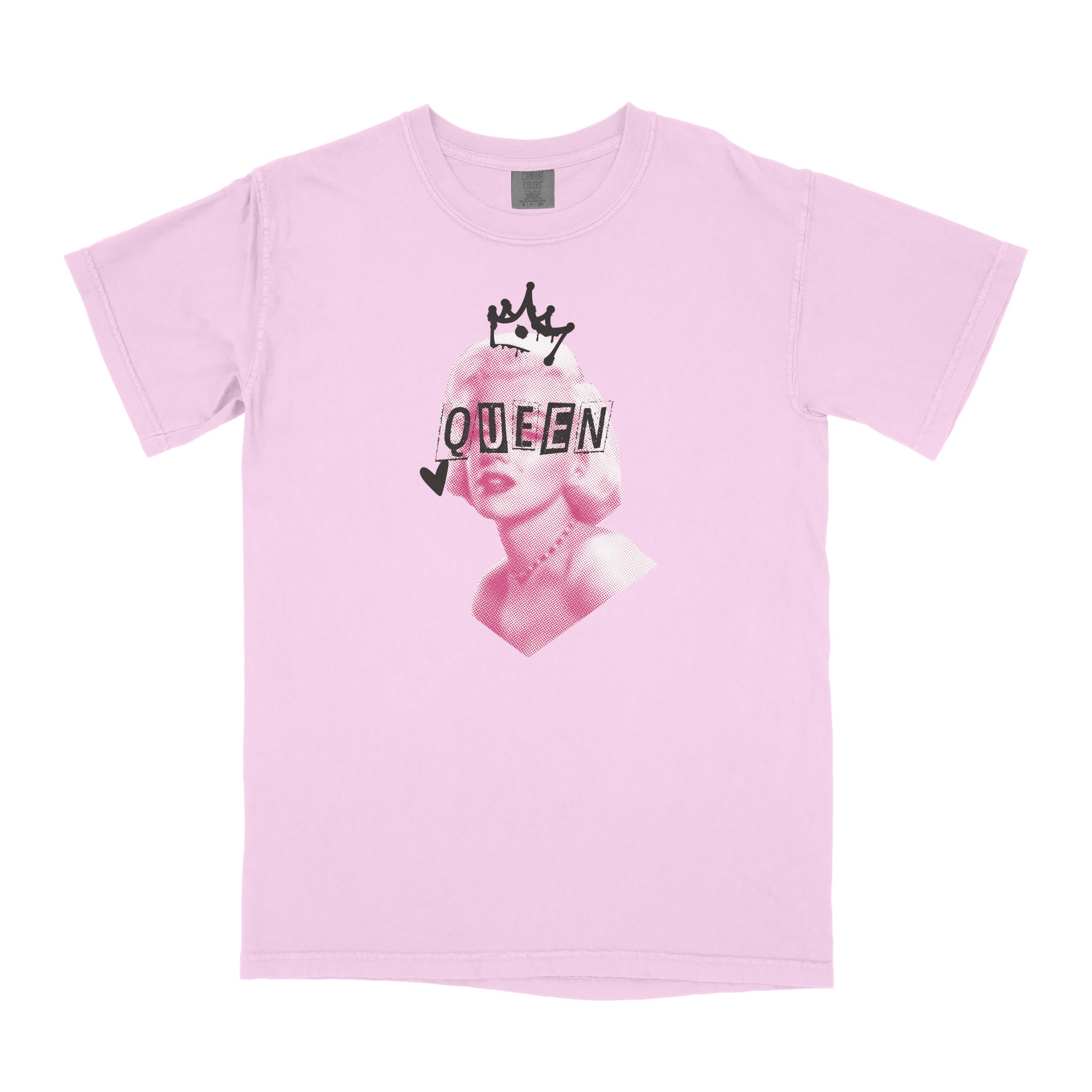 Pink t-shirt with graphic design of a woman's head with a crown on it  and 'QUEEN' text over it on a white background
